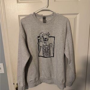 Gray Skeleton drinking coffee Sweatshirt crewneck
